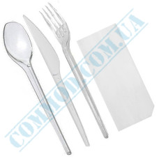 Набор прозрачных вилка, нож, ложка с бумажной салфеткой 100 штук