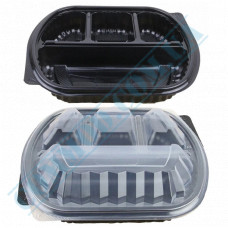 Lunch boxes 208*243*71mm | plastic PP | black | with lid | into 4 sections | 50 pieces per pack